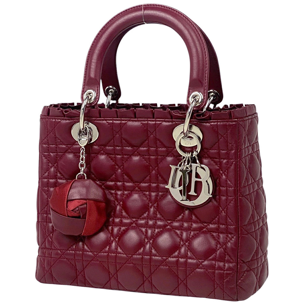 Christian Dior Lady Shoulder Bag Frilled Handbag Leather Bordeaux Purple